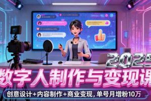 （16032期）2025数字人制作与变现课，创意设计+内容制作+商业变现，单号月增粉10万+